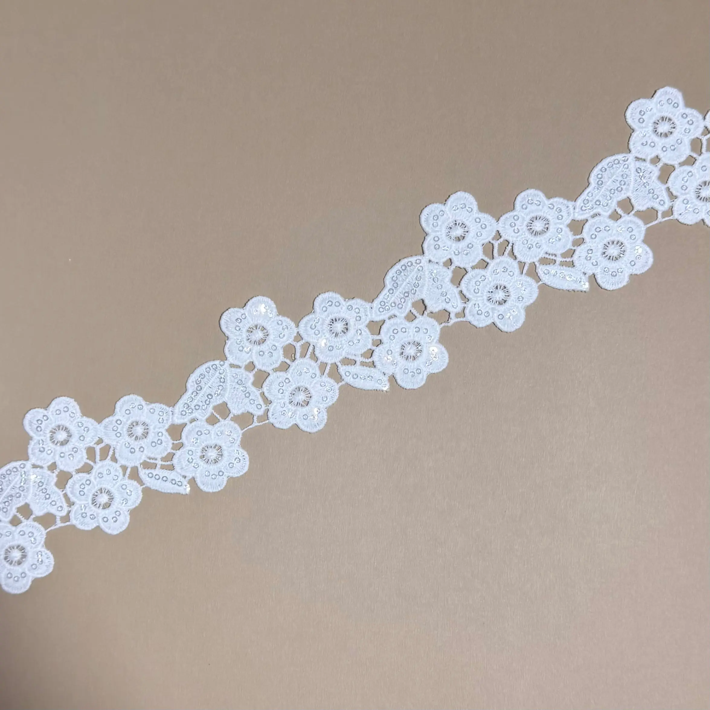 Floral With Leaf Sequined Single Edge Lace Trim