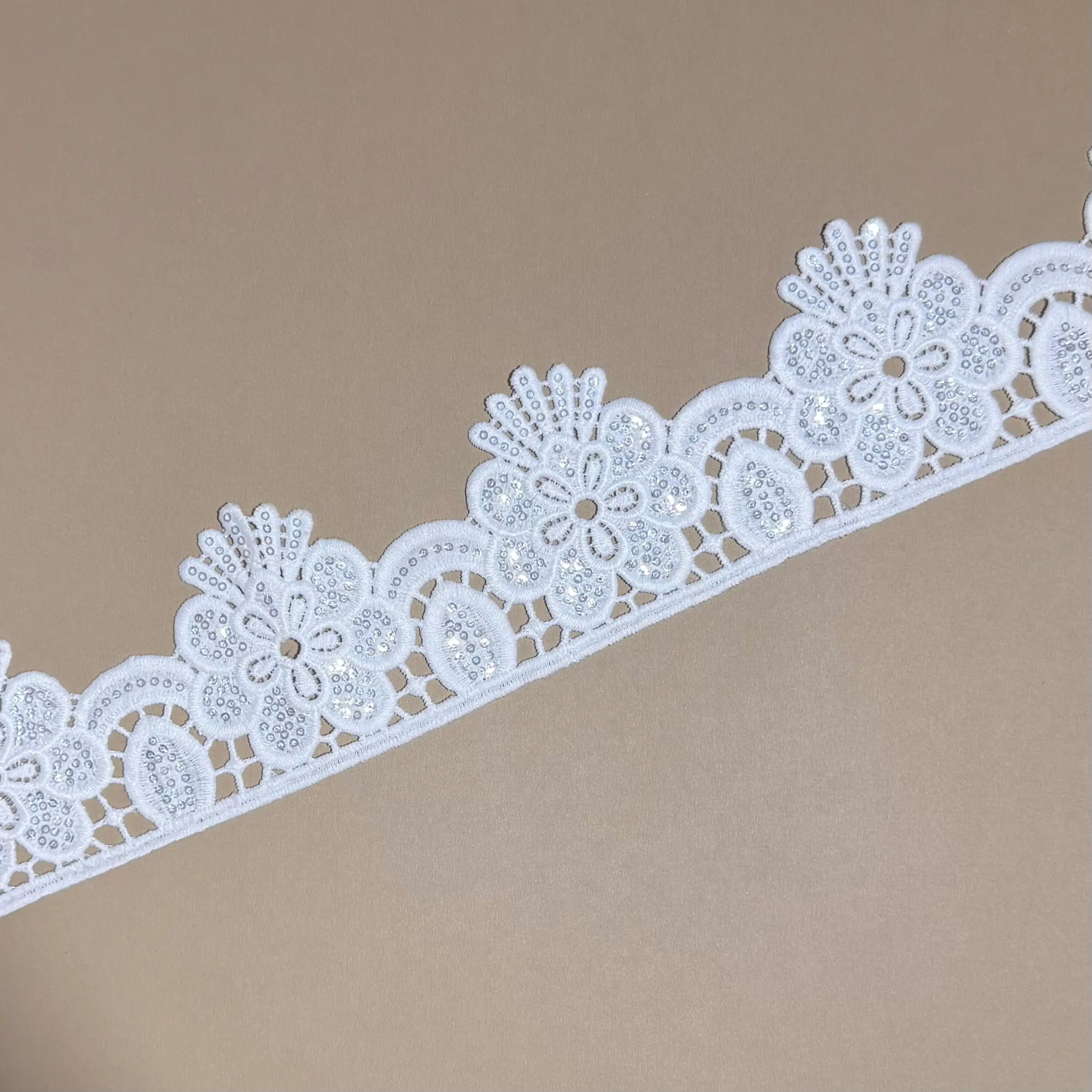 Big Floral Leaf Hollow Iridescent Sequins Single Edge Water Soluble Lace Trim