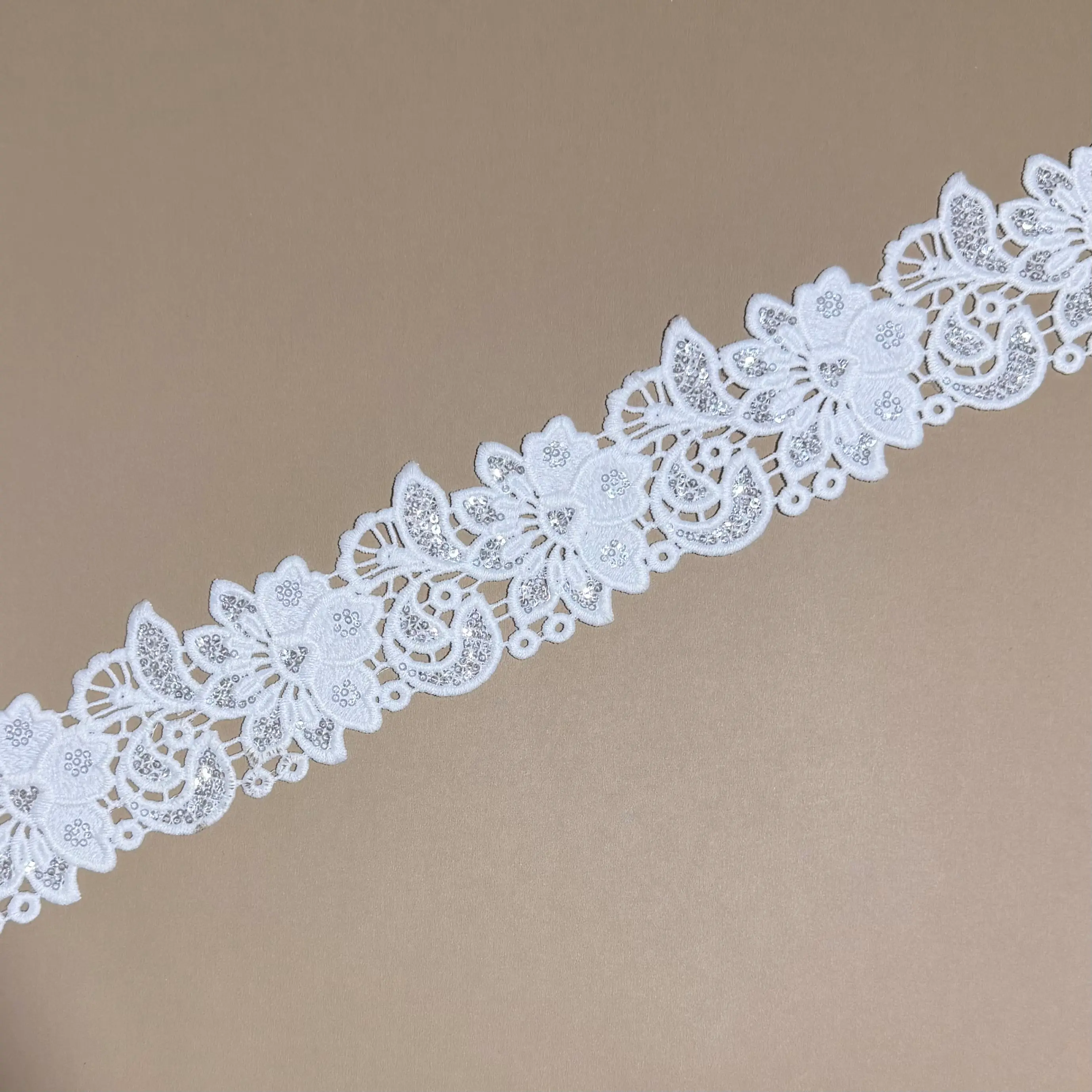 Dual Peony Floral Sequined Water Soluble Lace Trim