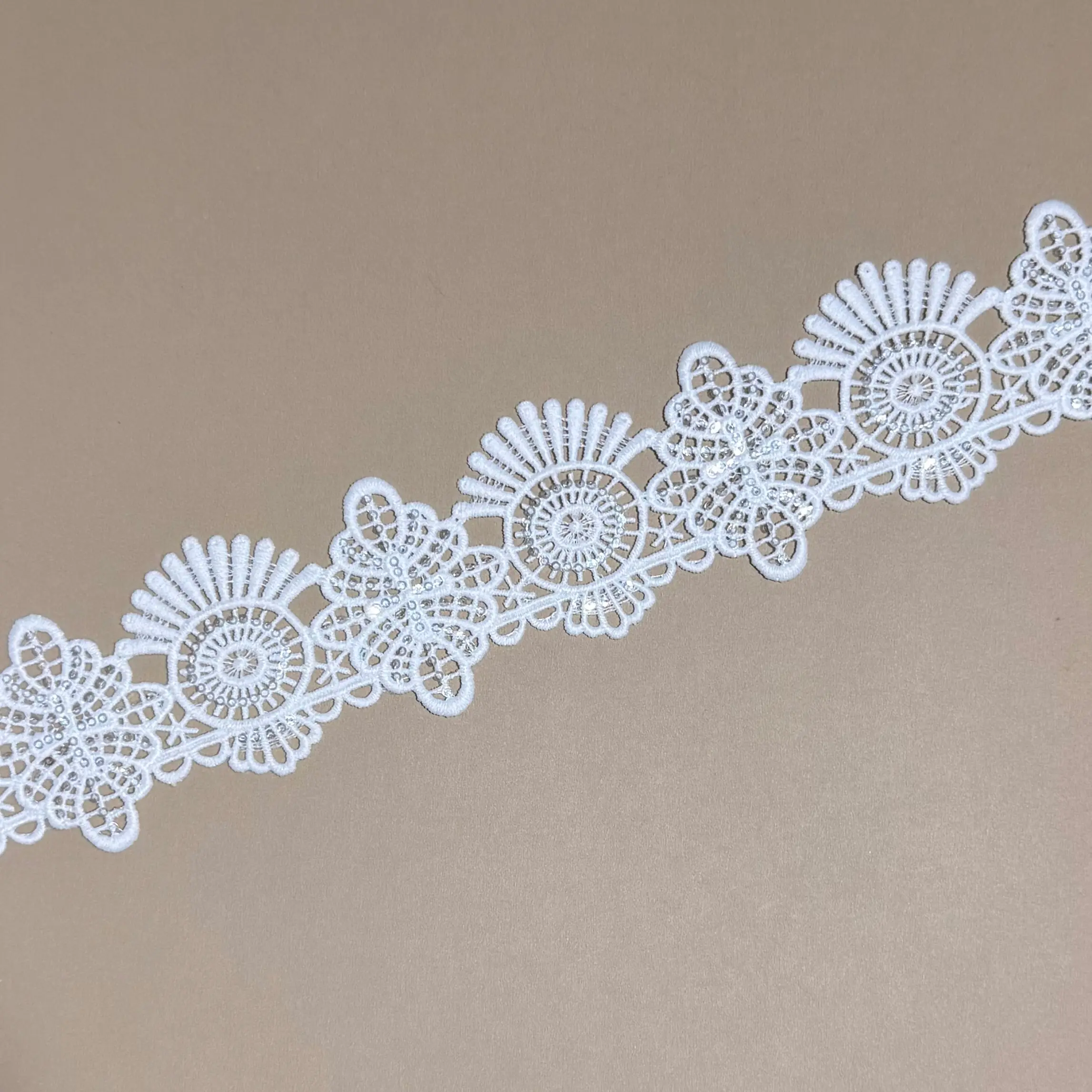 Sun & Four-Petal Alternated Floral Sequined Water Soluble Lace Trim