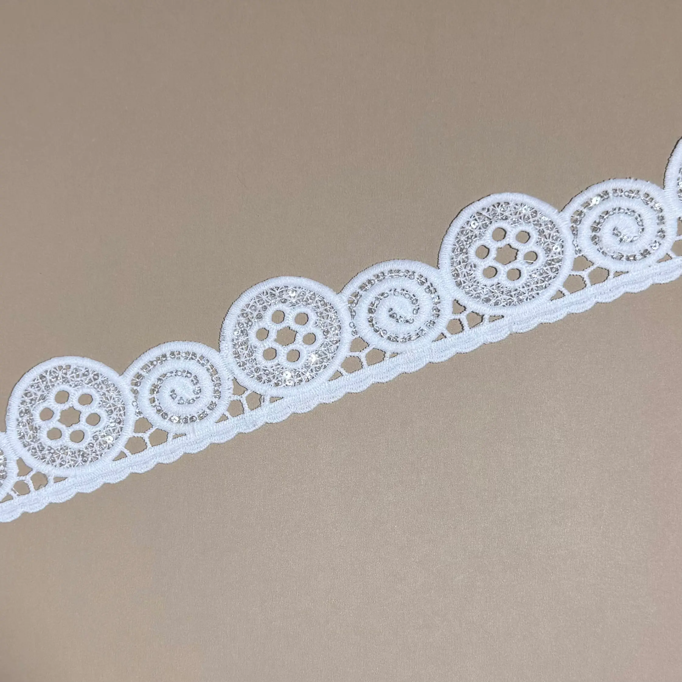 Spiral & Coin Alternated Pattern Sequined Water Soluble Lace Trim
