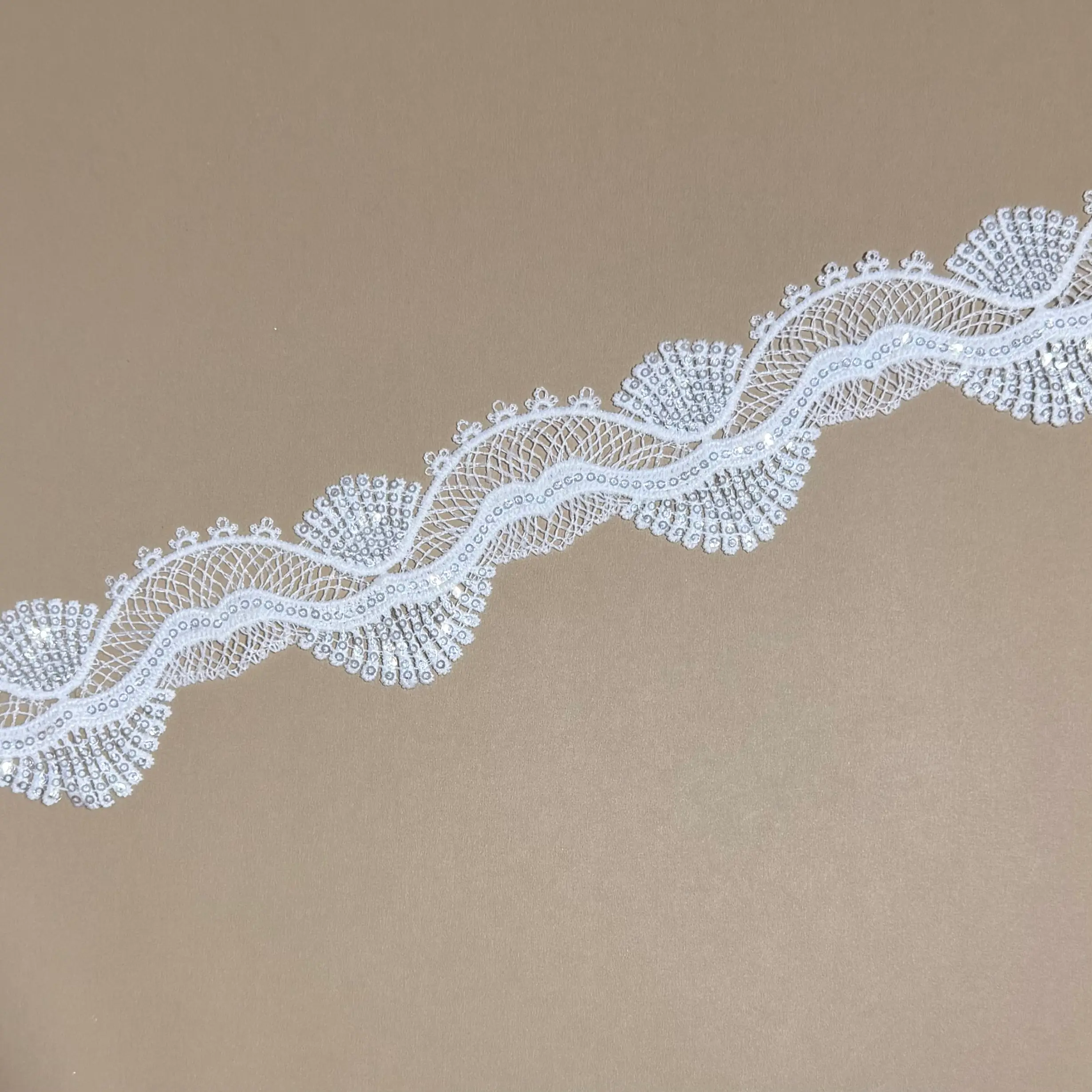 S Curved Fan Scallop Sequined Water Soluble Lace Trim