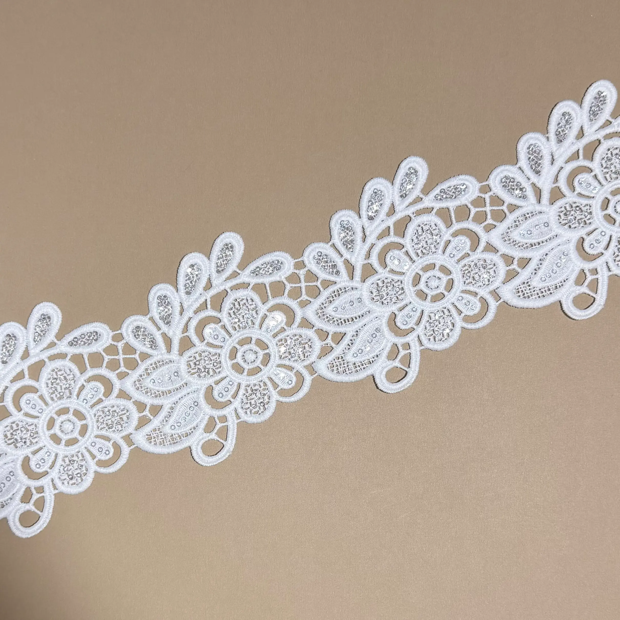 Big Peony & Oval Leaf Sequined Water Soluble Lace Trim