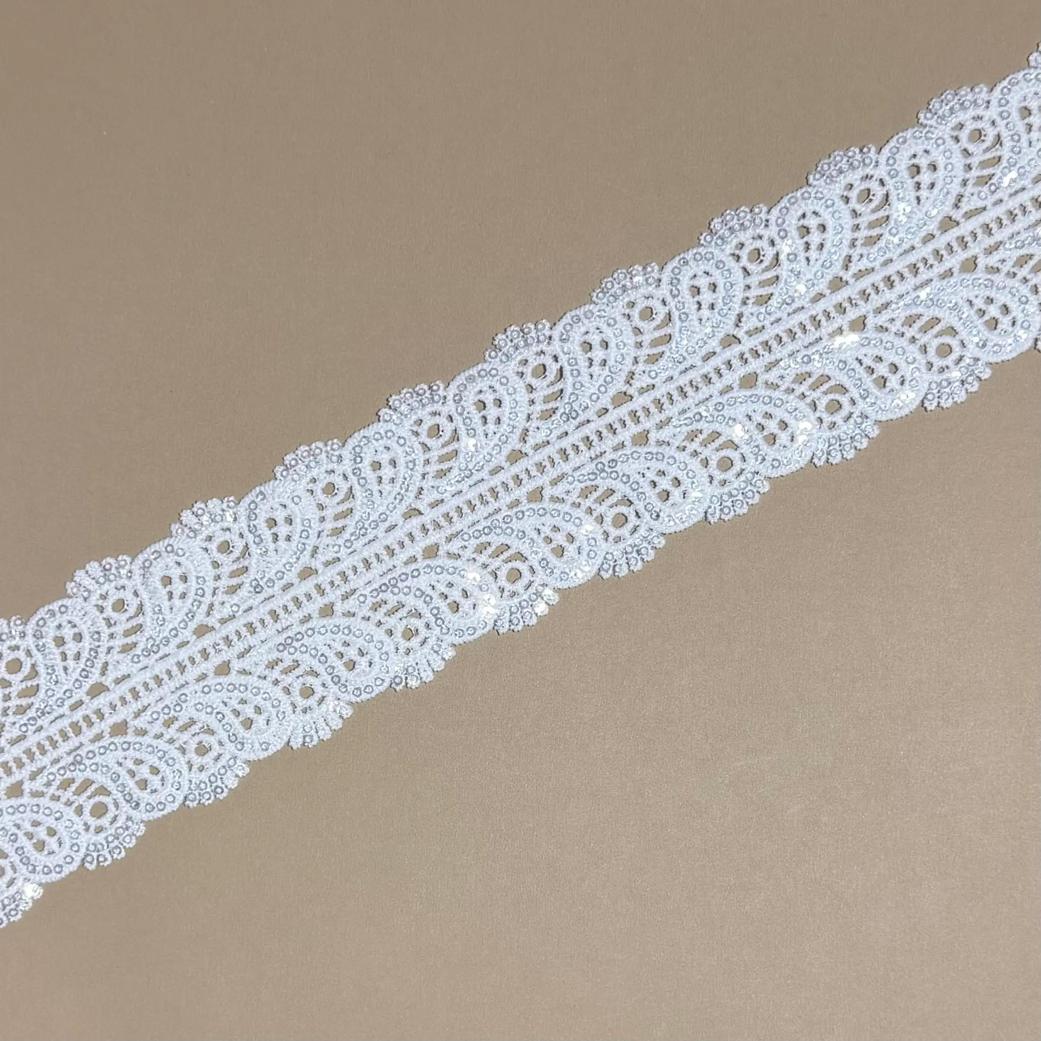 Dual Symmetric Teardrop Scallop Sequined Water Soluble Lace Trim