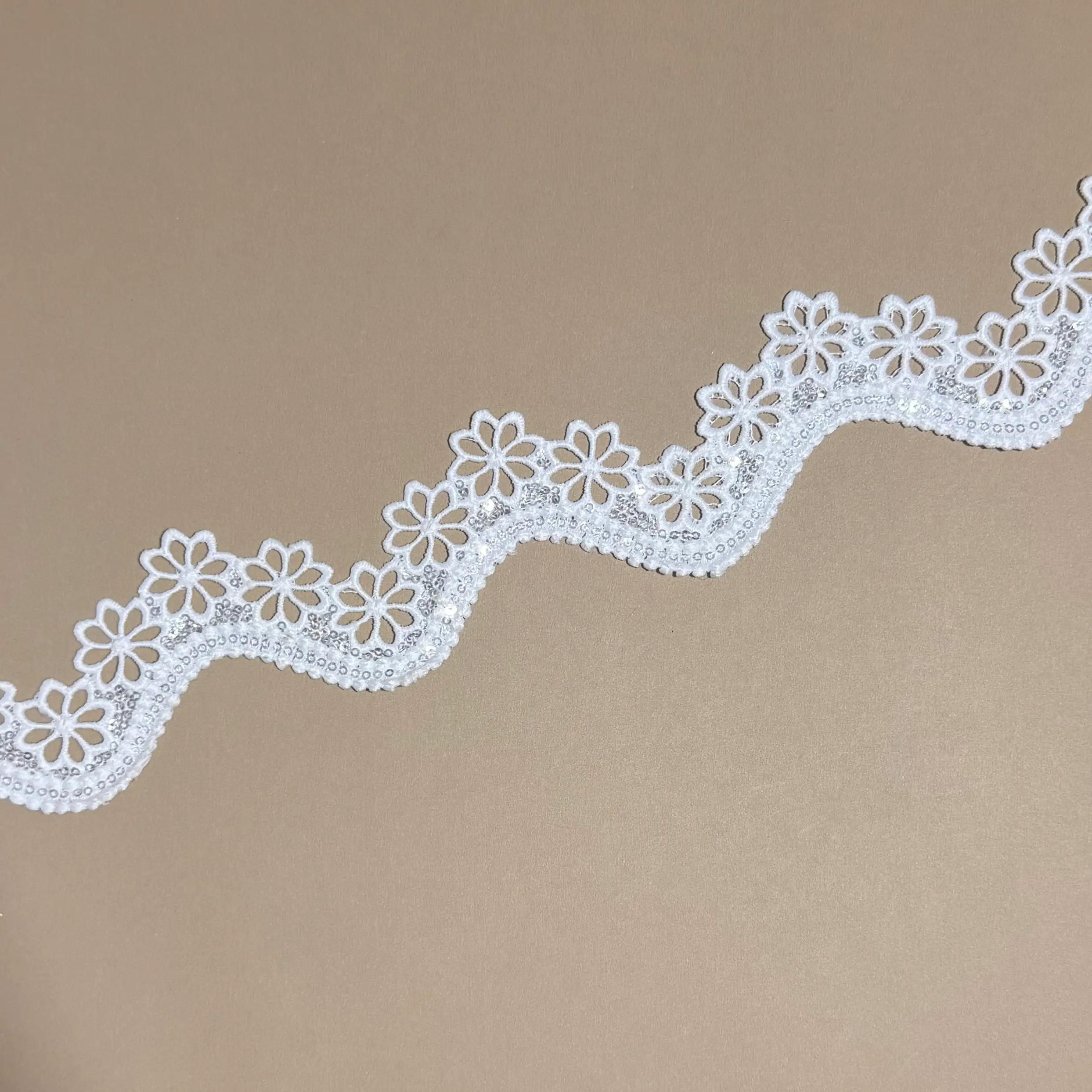 S Curved Six-Petal Tiny Flower Sequined Water Soluble Lace Trim