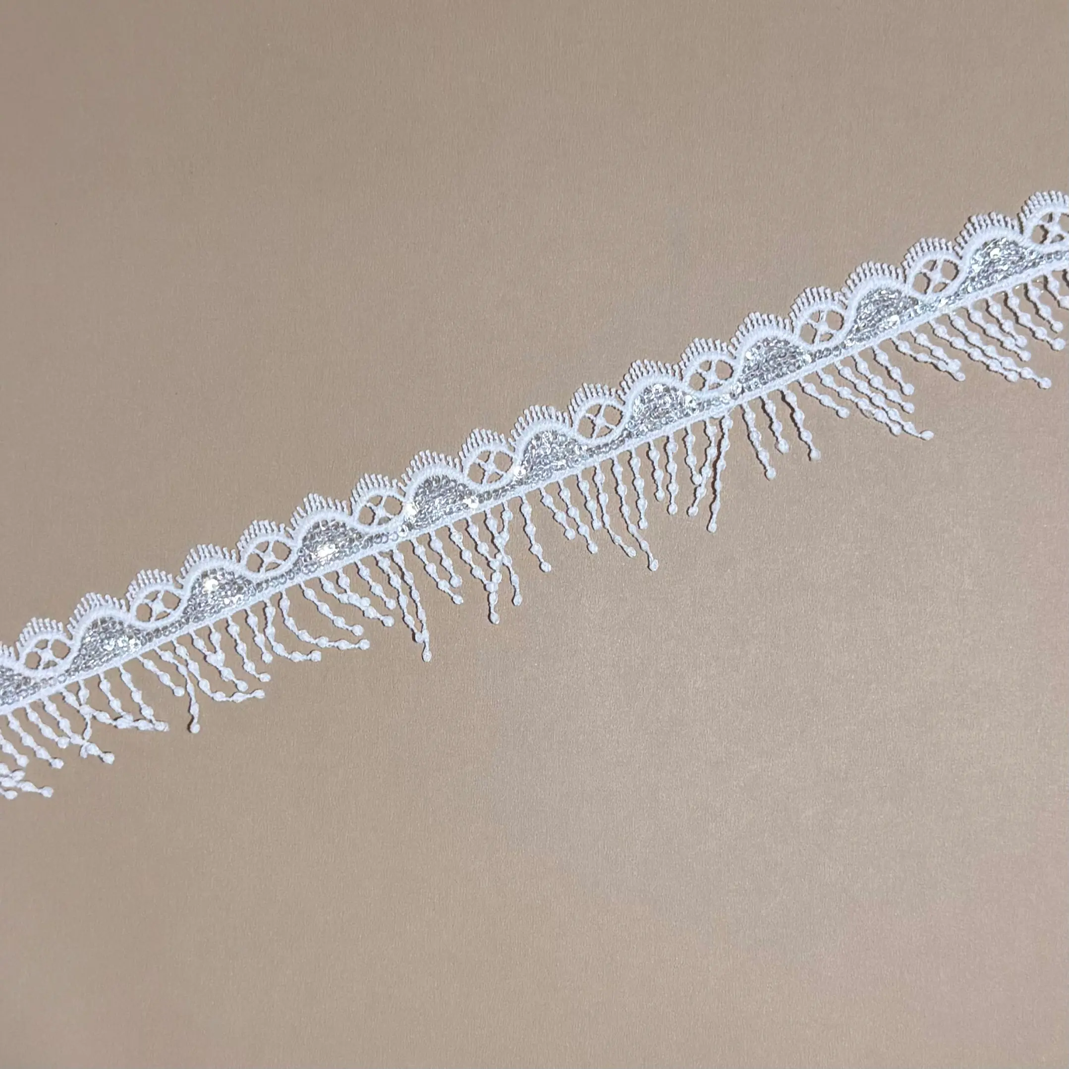 Single Edge Scallop Grid Tassel Fringe Mini Iridescent Sequined Lace Trim