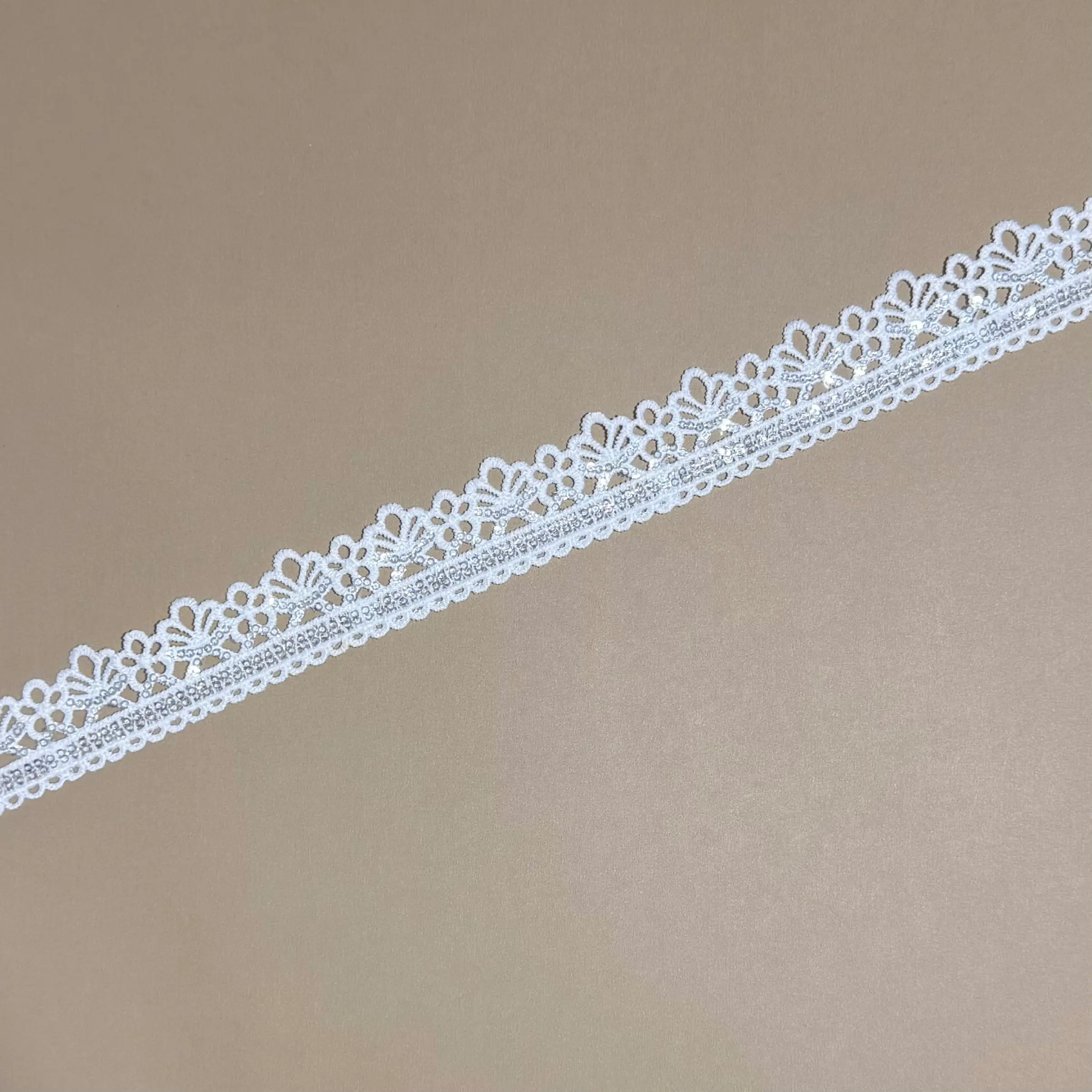 Single Edge Multi-Ring Floral Hollow Mini Iridescent Sequined Lace Trim