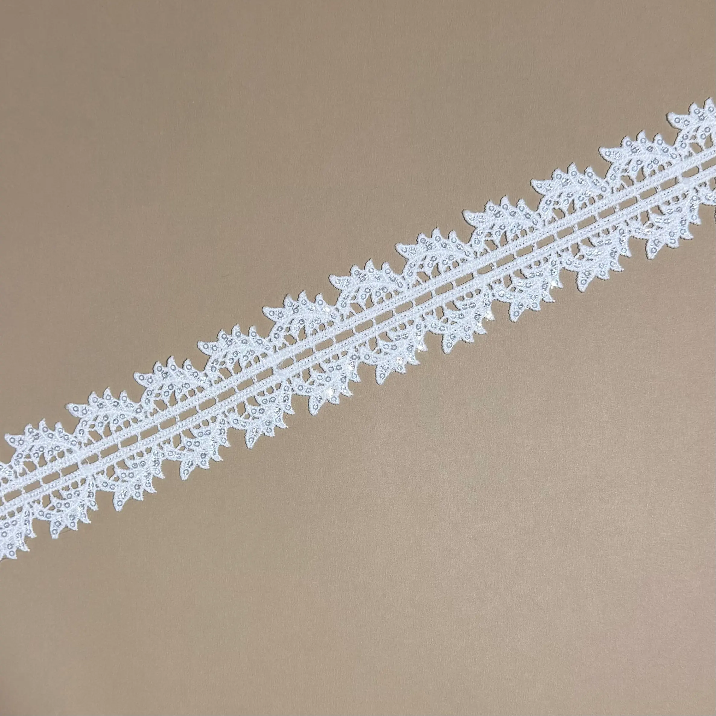 Dual Central Strip Symmetric Leaf Soft Glitter Sheer Lace Trim
