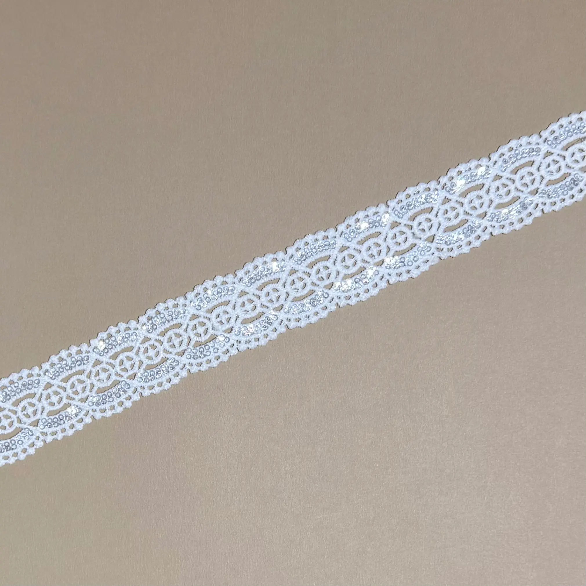 Interlinked Circle Cross Lattice Pom Pom Fringe Fixed Soft Glitter Thin Lace Trim
