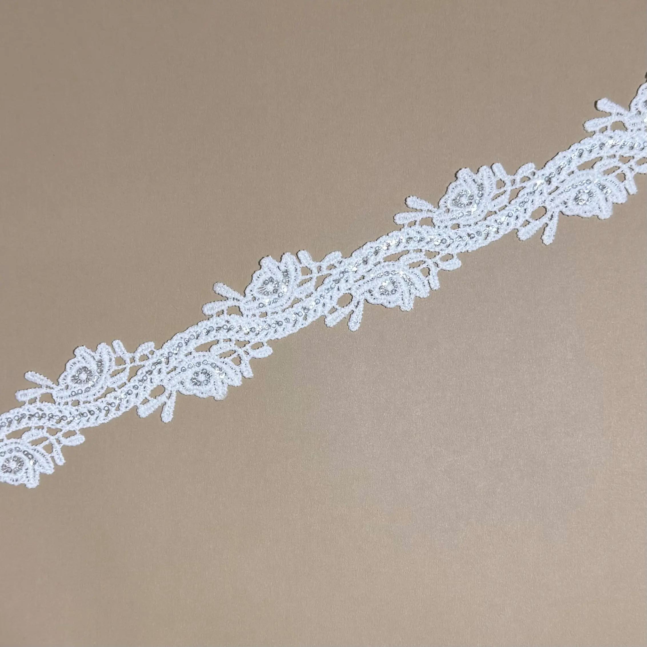 Slim Rose Branch Floral Scattered Soft Glitter Sheer Lace Trim