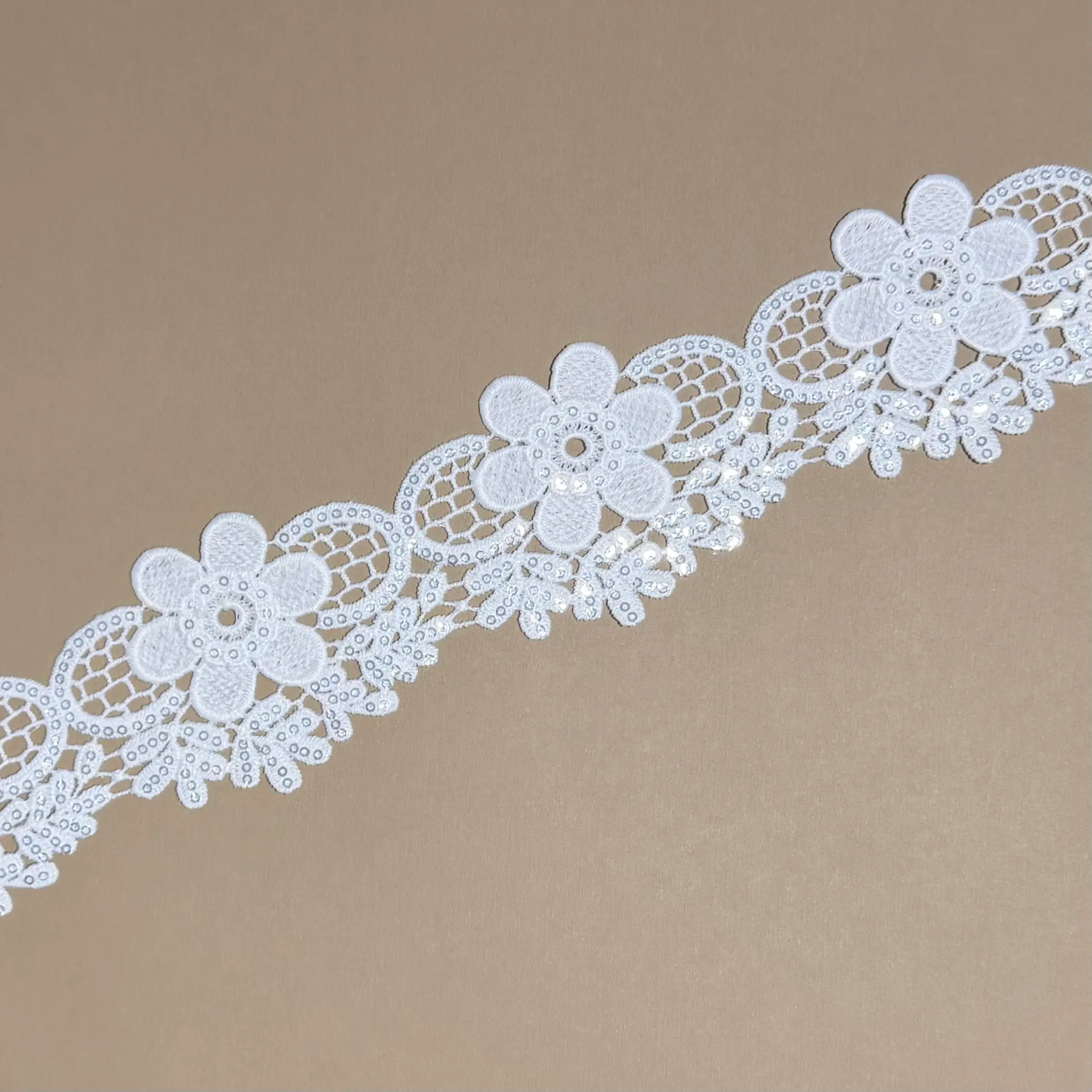 Large Solid Five-Petal Floral Oval Mesh Scattered Soft Glitter Sheer Lace Trim