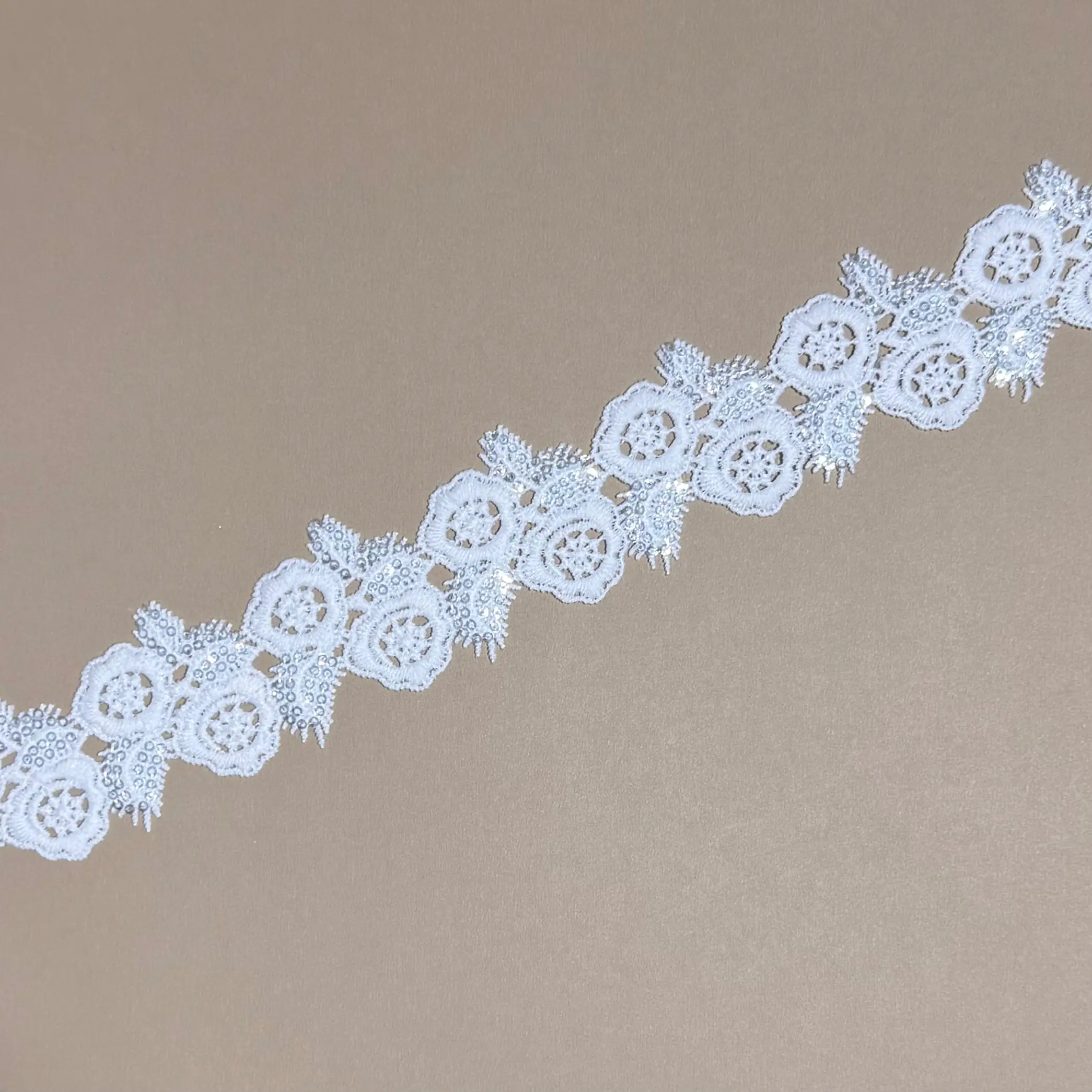 Round Daisy Floral Spiky Leaf Scattered Soft Glitter Sheer Lace Trim