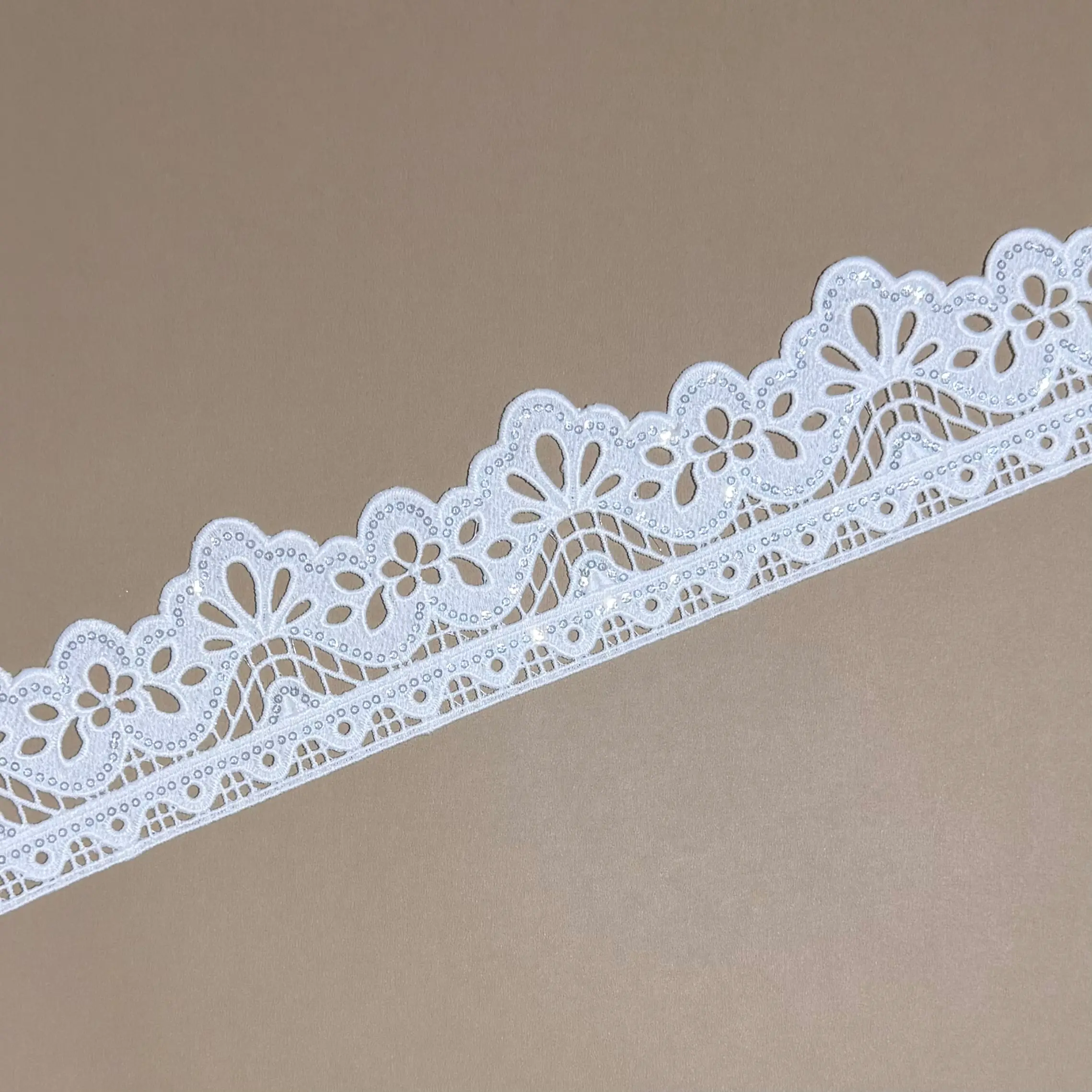 Dual Grid Five-Petal Floral Double Line Soft Glitter Sheer Lace Trim