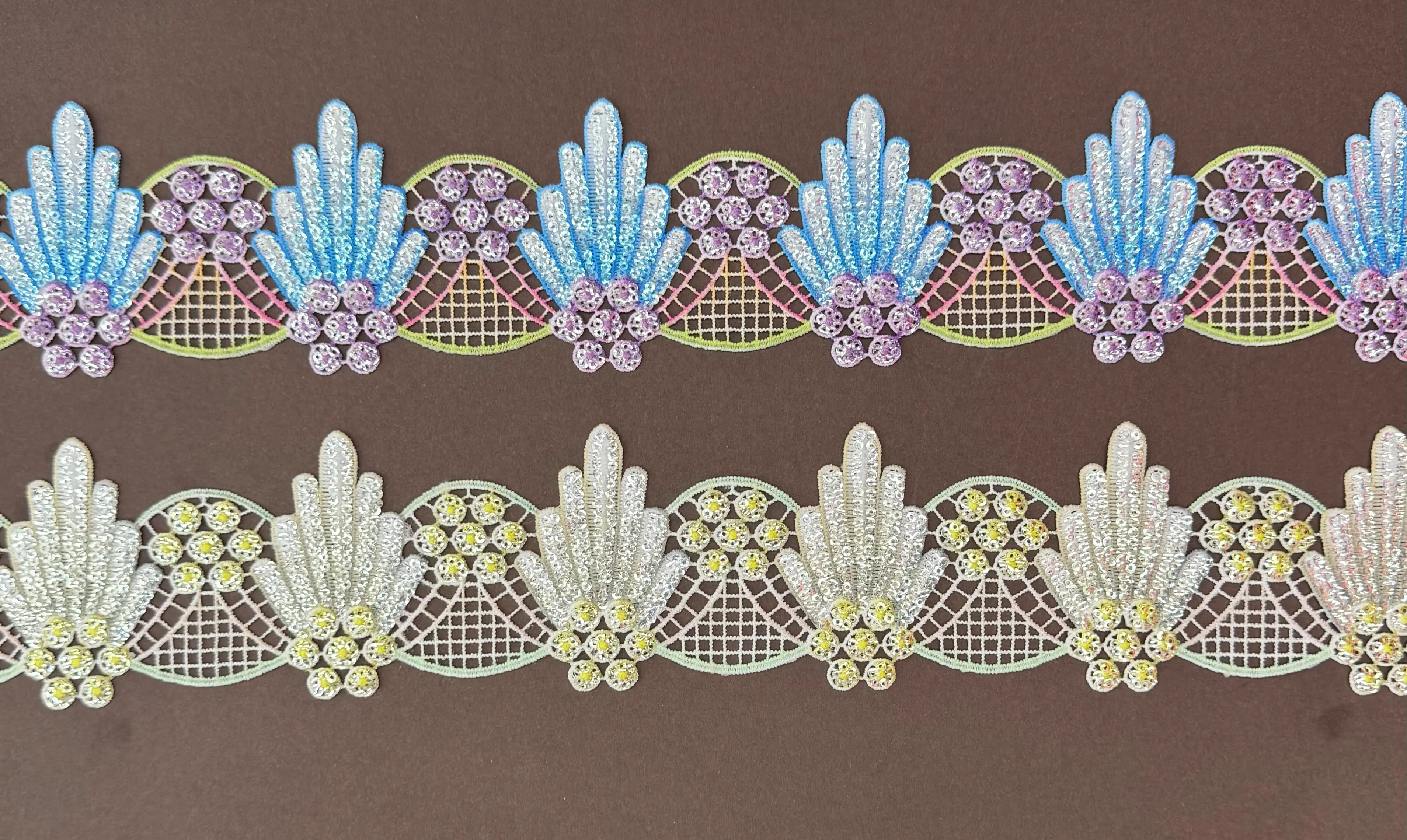 Fan Shape Sequined Multicolor Digital Printed Lace Trim