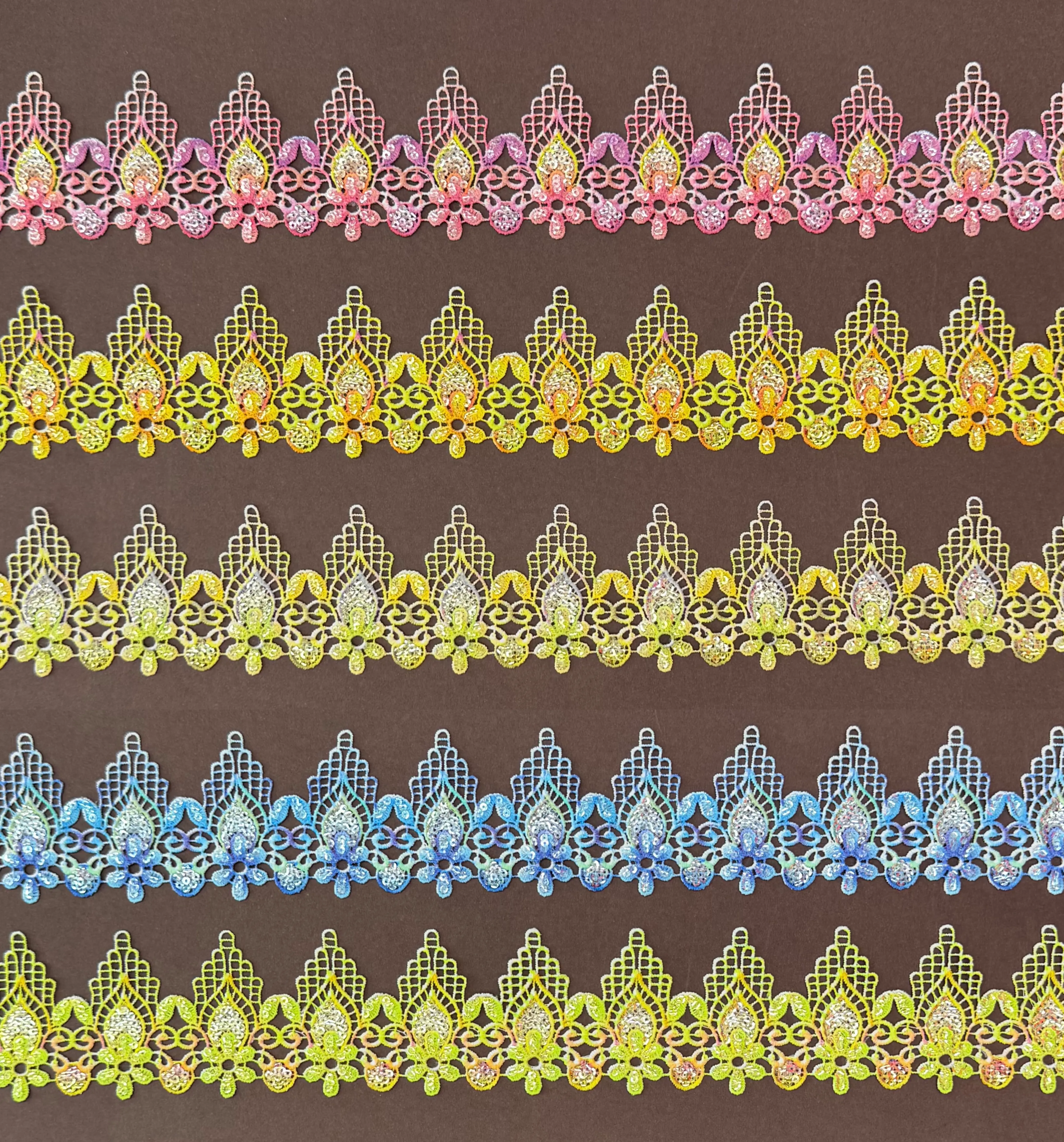 Teardrop Sequined Multicolor Digital Printed Pointed Lace Trim