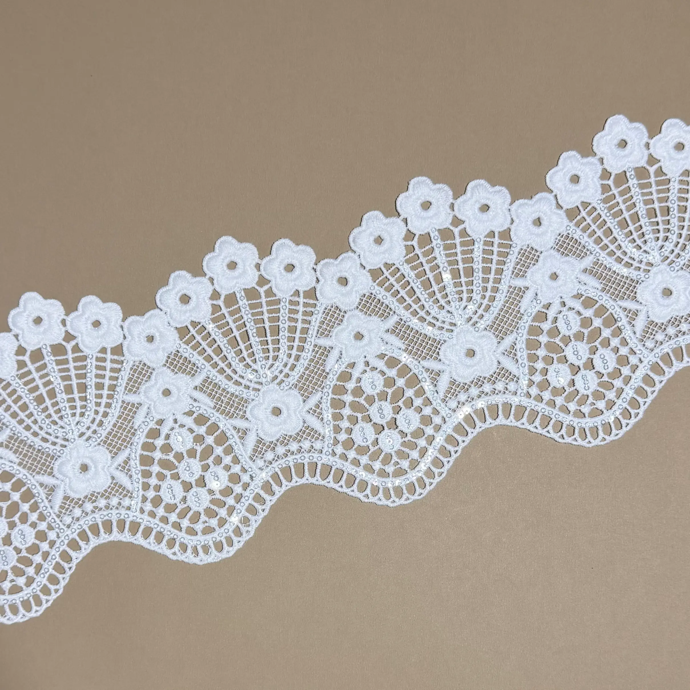 Wavy Solid Blossom Fan Hollow Sequined Water Soluble Lace Trim