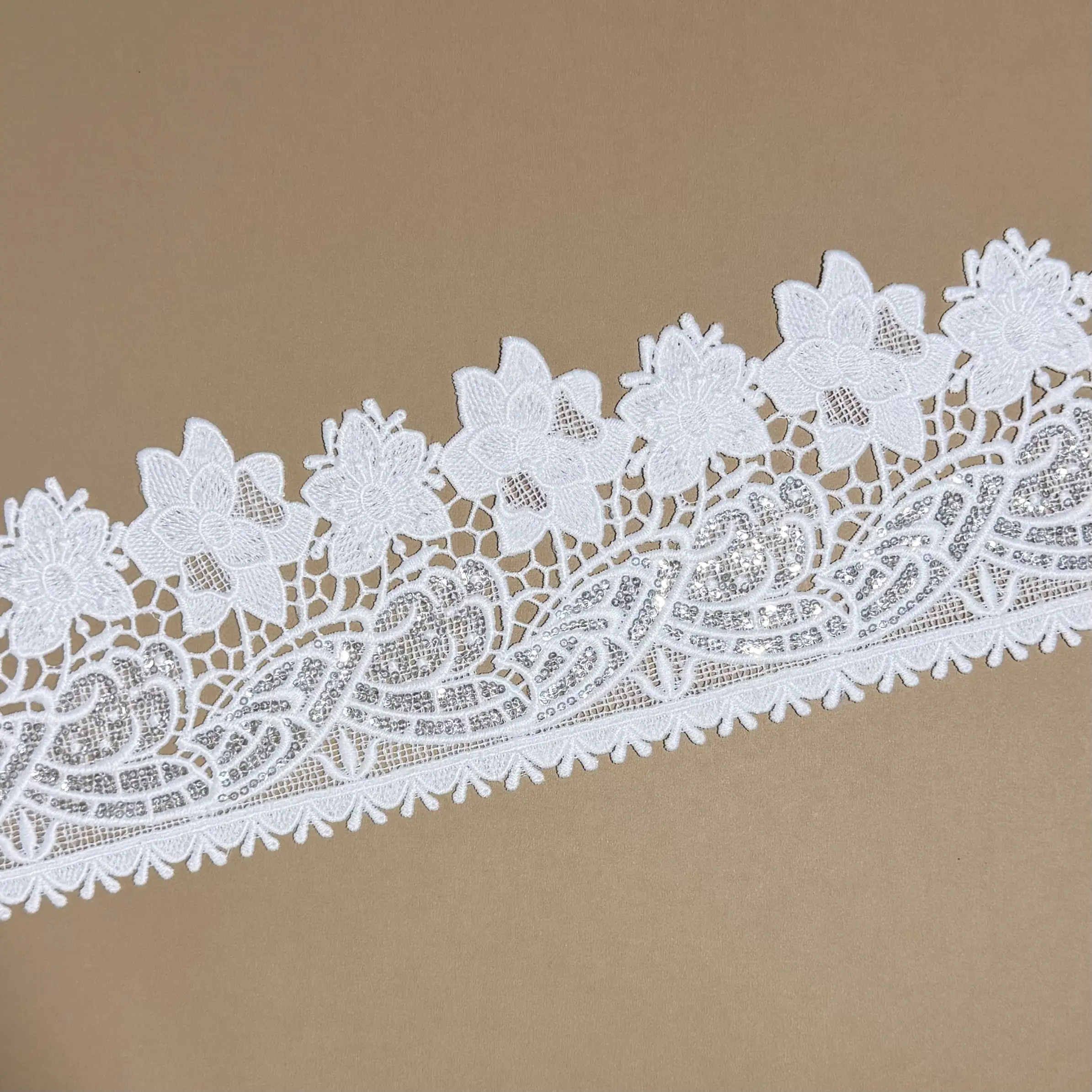 Luxury Sculpted Floral Feather Couture Sequined Lace Trim