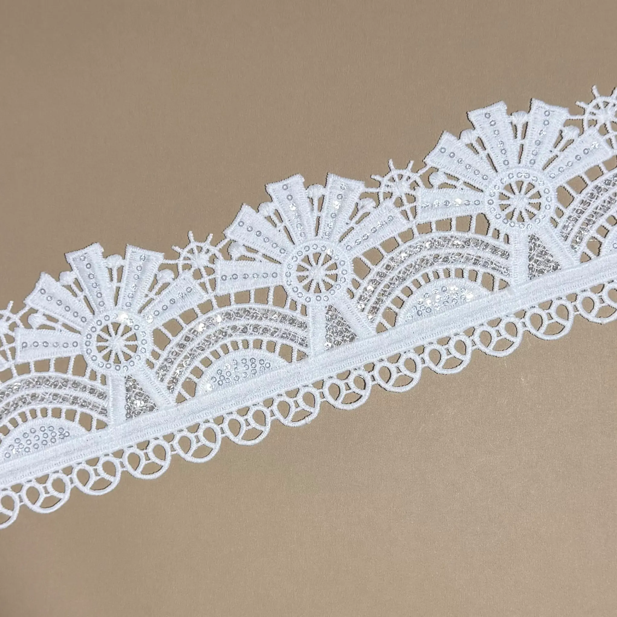 White Luxury Sunburst Wheel Couture Sequined Lace Trim