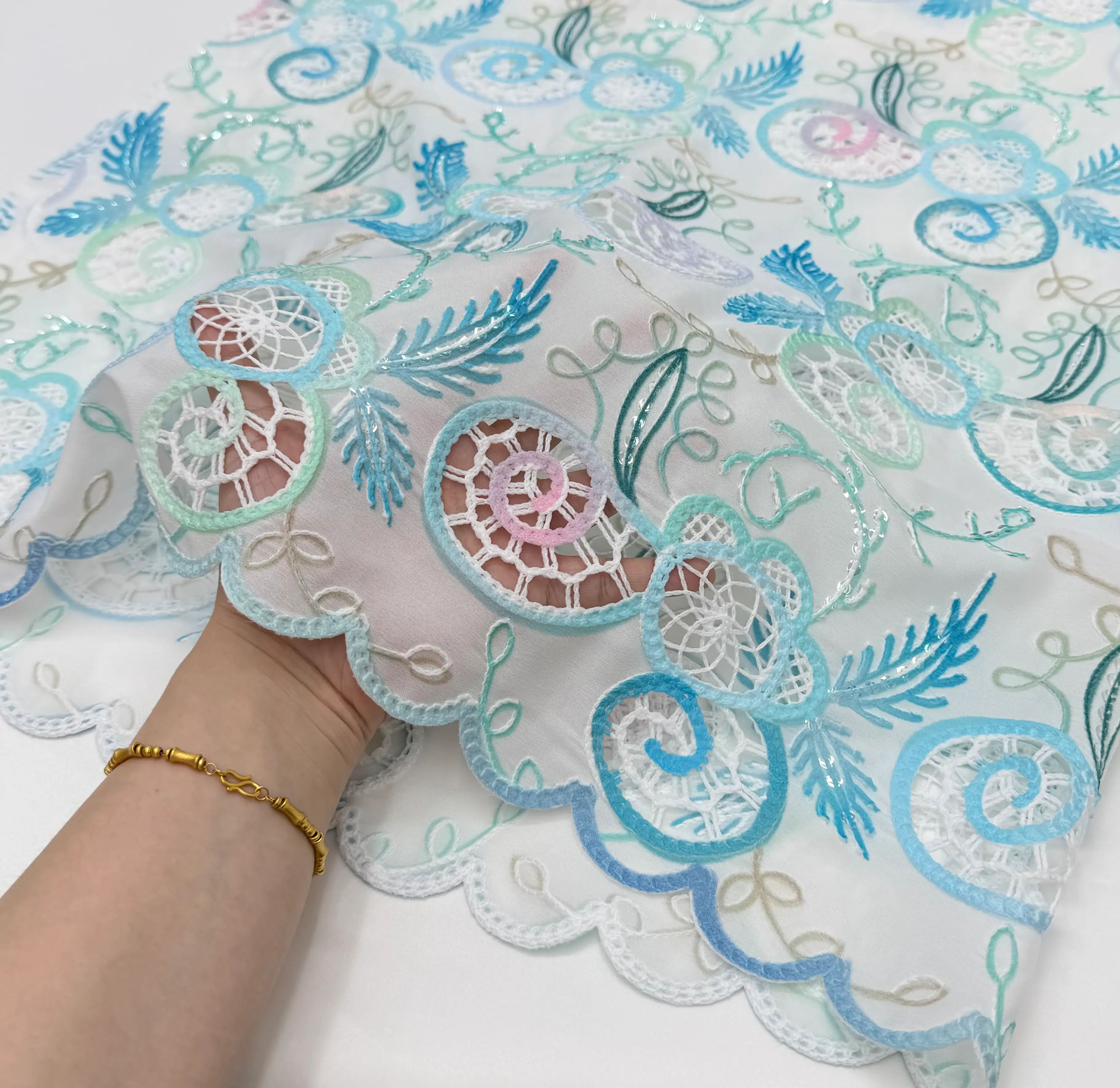 Spiral Floral Hollow Embroidered Full Width Fabric